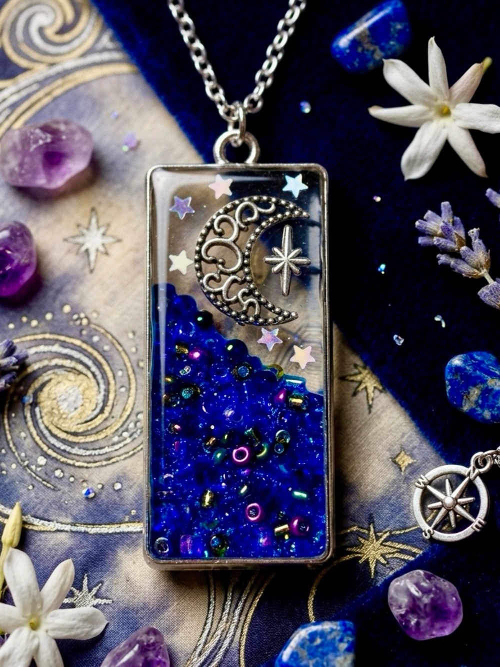 Celestial Moon & Star Resin Pendant Necklace in Deep Blue